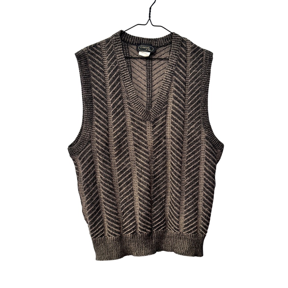 Celebrity Club Mens V Neck‎ Chevron Knit Vest Sweater Brown Tan Size L